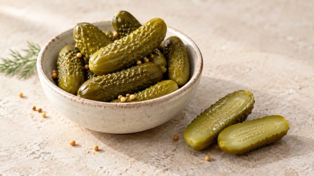Cornichons croquants entiers et coupés dans un bol en grès