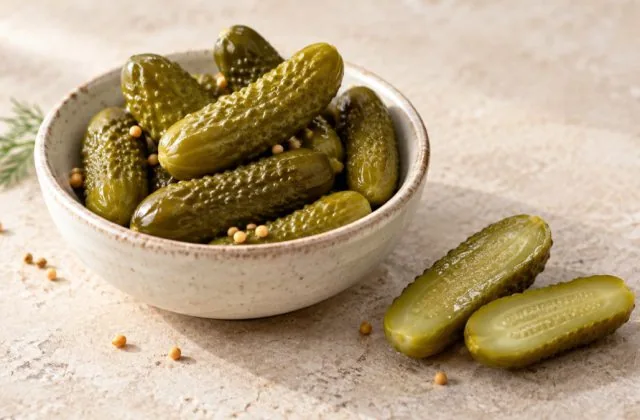 Cornichons croquants entiers et coupés dans un bol en grès