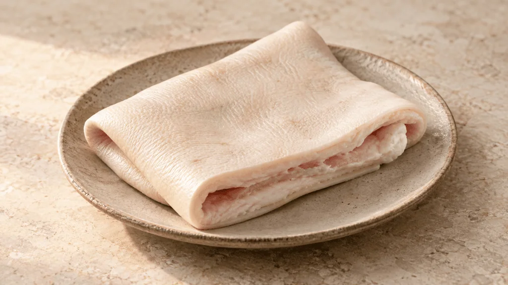 Couenne de porc crue parée et roulée sur une assiette en grès