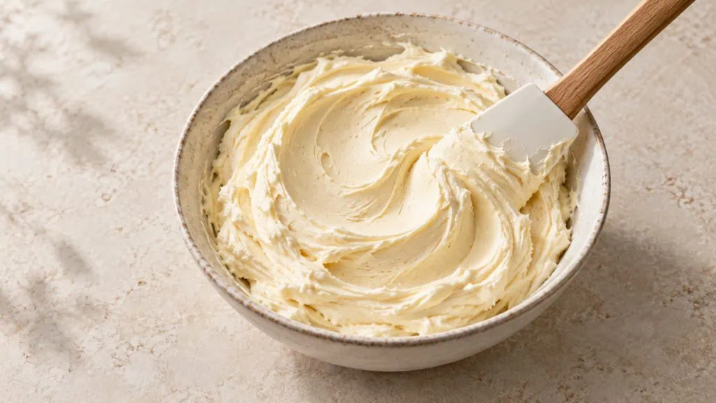 Crème au beurre traditionnelle lisse dans un bol en grès
