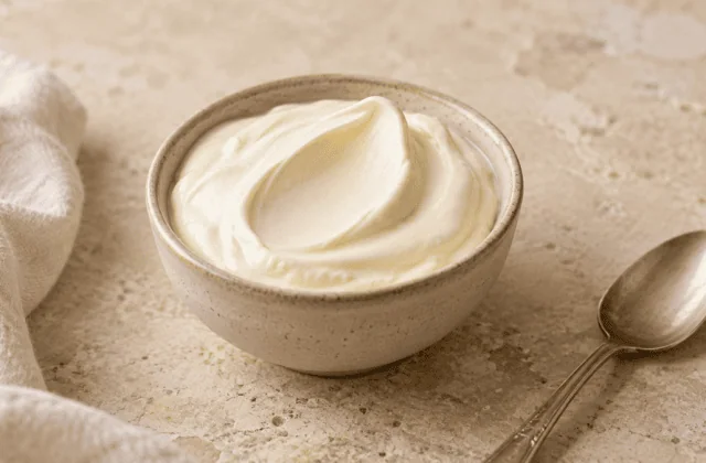 Crème fraîche épaisse dans un bol en grès