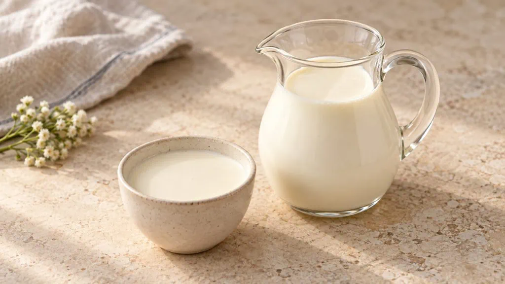Crème liquide entière dans un pichet et une coupelle