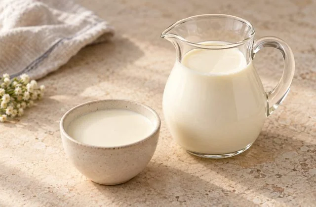 Crème liquide entière dans un pichet et une coupelle
