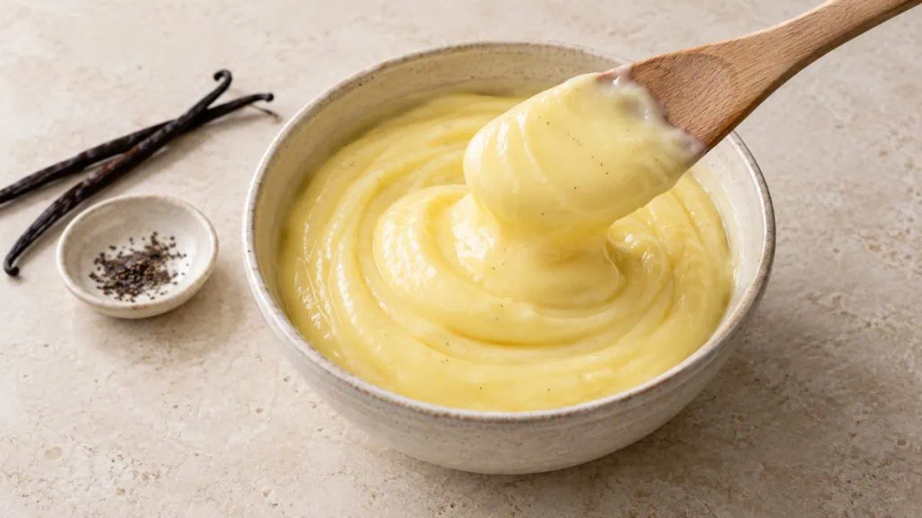 Crème pâtissière vanillée dans un bol en grès