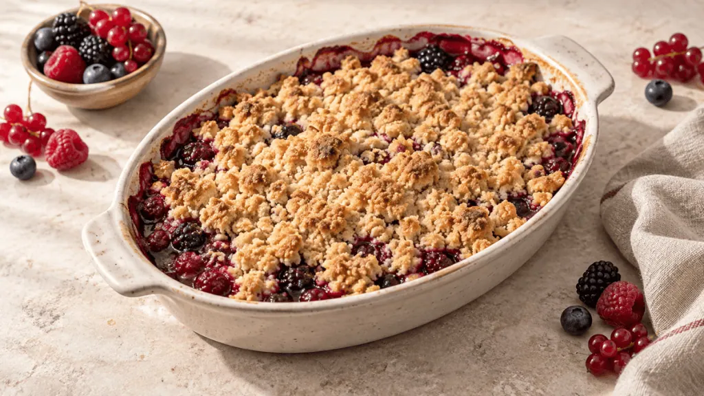Crumble aux fruits rouges doré dans un plat en grès
