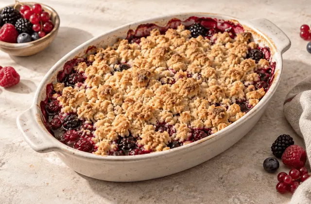 Crumble aux fruits rouges doré dans un plat en grès