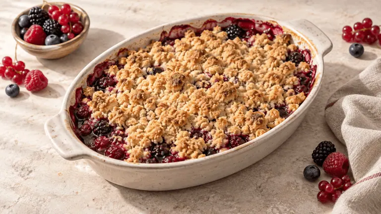 Crumble aux fruits rouges doré dans un plat en grès