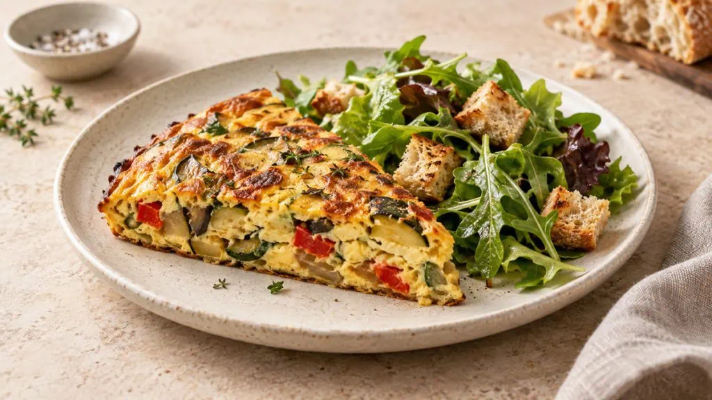 Frittata aux légumes restants avec salade et croûtons de pain