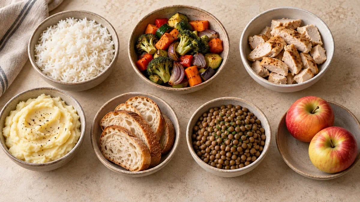 Riz, légumes rôtis, poulet cuit, purée, pain, lentilles et pommes à transformer