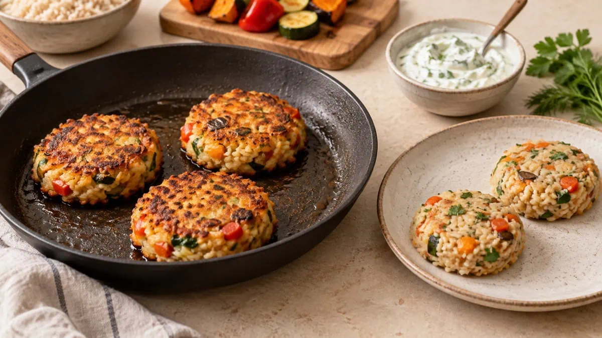 Galettes de riz et légumes dorées à la poêle avec sauce au yaourt