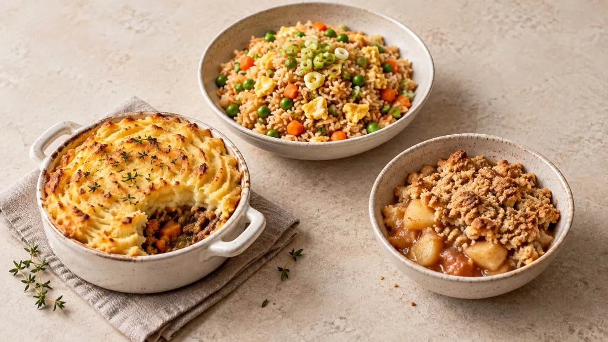 Hachis Parmentier, riz sauté aux légumes et crumble aux pommes préparés avec des restes