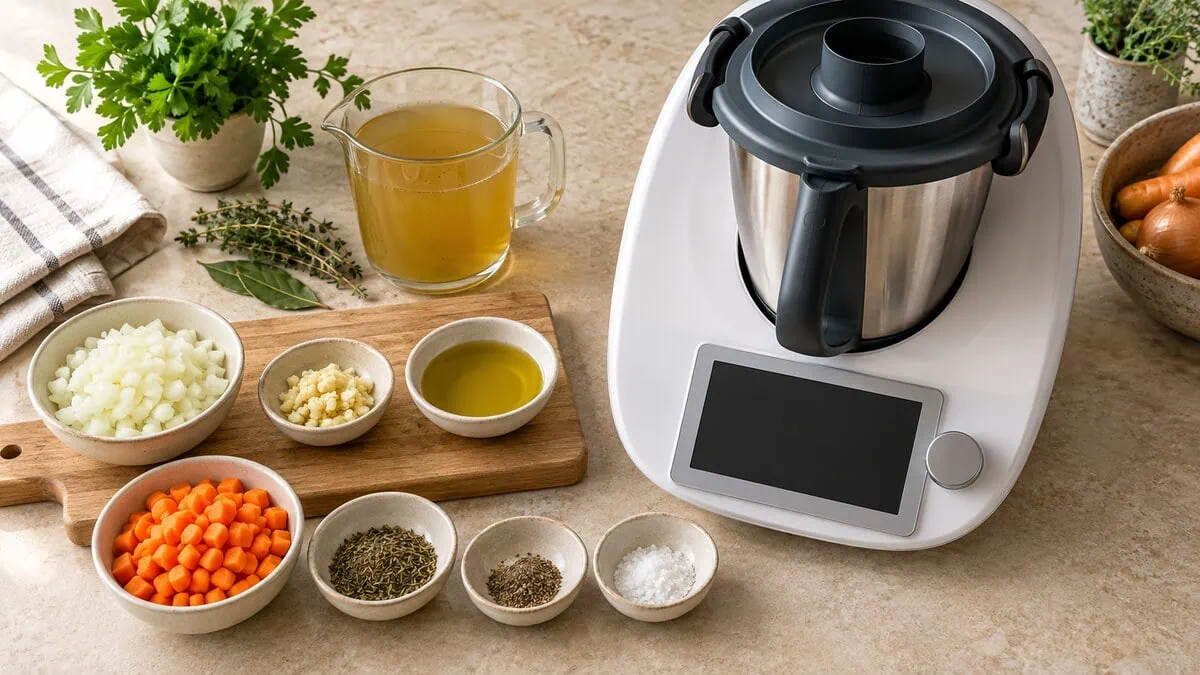 Robot cuiseur entouré d’oignon, ail, carotte, huile, bouillon et aromates mesurés