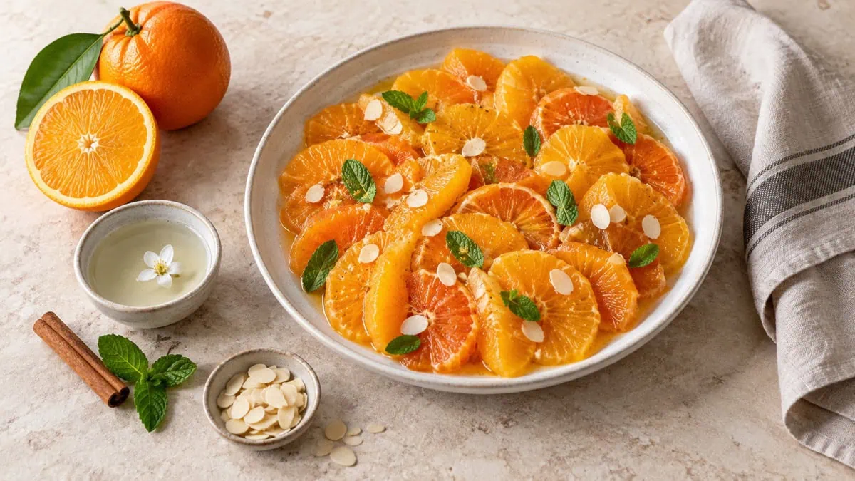 Préparation d’une salade d’oranges avec cannelle menthe fleur d’oranger et amandes