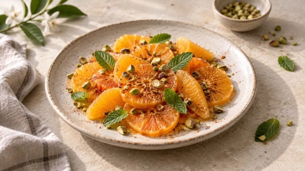 Salade d’oranges à la cannelle menthe et pistaches après un couscous