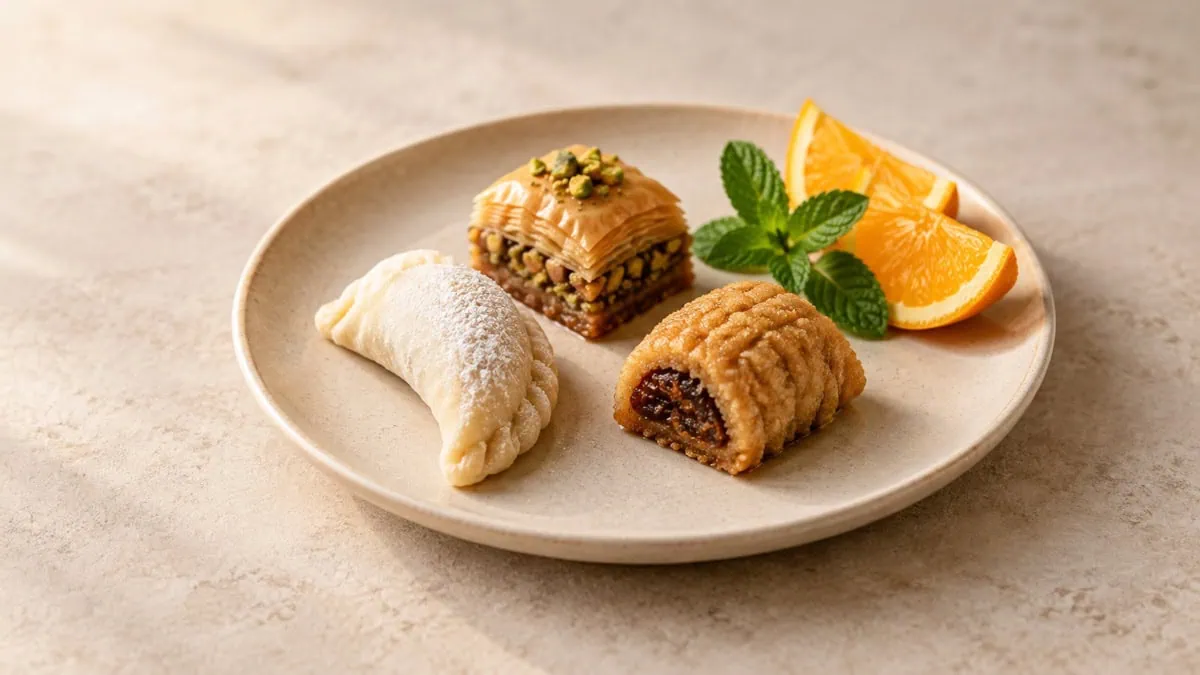 Petite dégustation de corne de gazelle baklava et makrout accompagnée d’orange et de menthe
