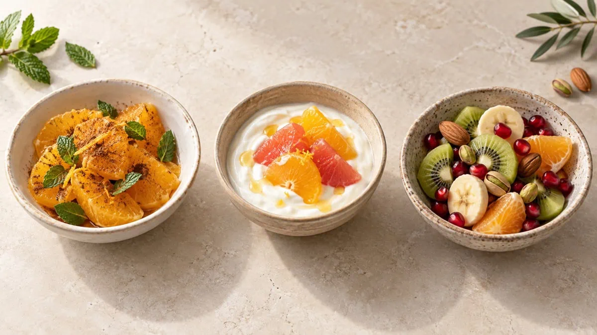 Trois desserts légers après un couscous : oranges à la cannelle, yaourt aux agrumes et fruits frais