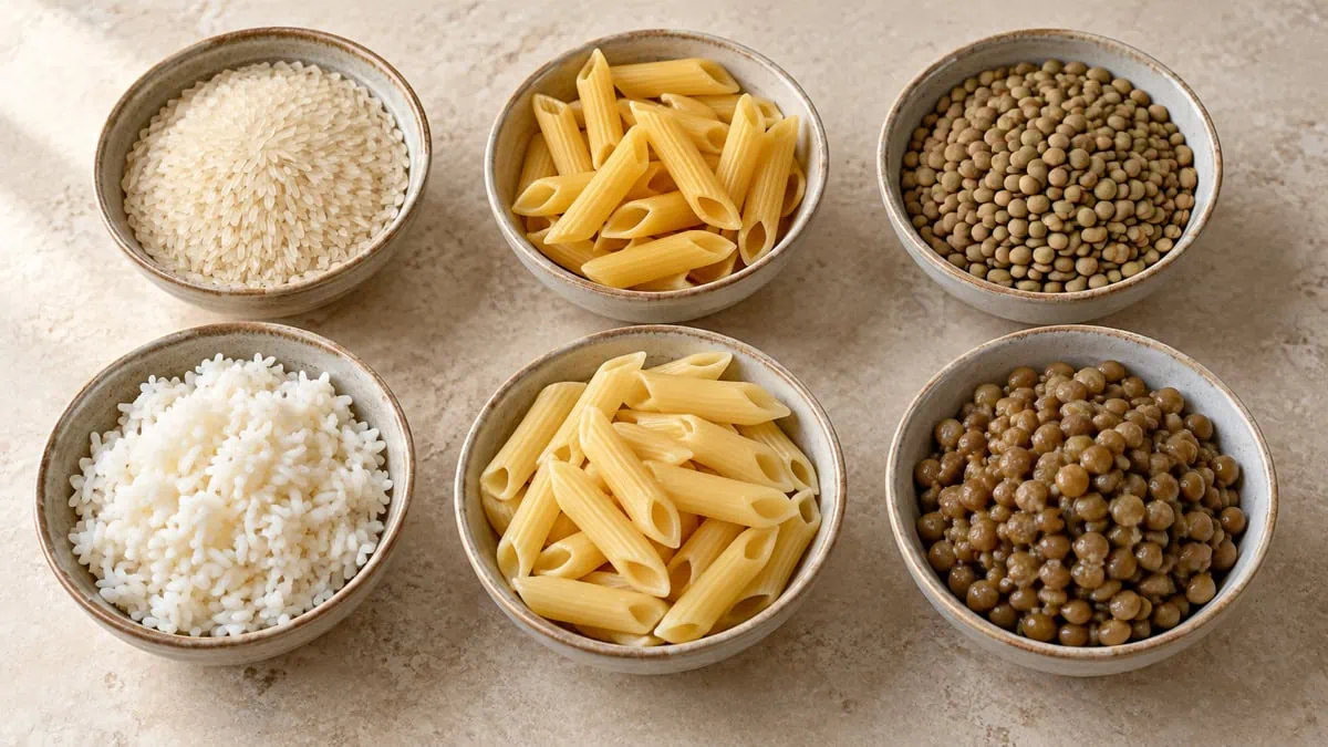 Riz, pâtes et lentilles présentés secs puis cuits dans des bols