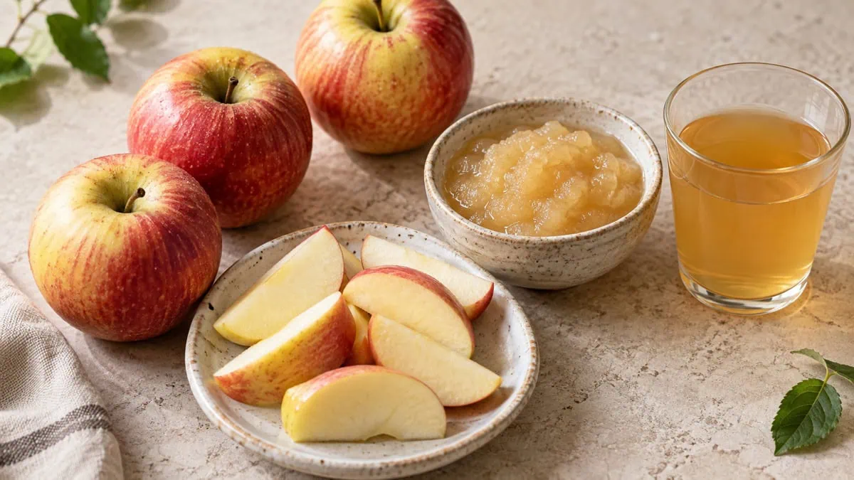 Pommes entières, quartiers de pomme, compote et jus de pomme