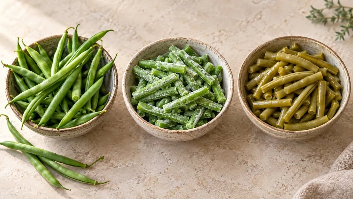 Haricots verts frais, surgelés et en conserve dans trois bols