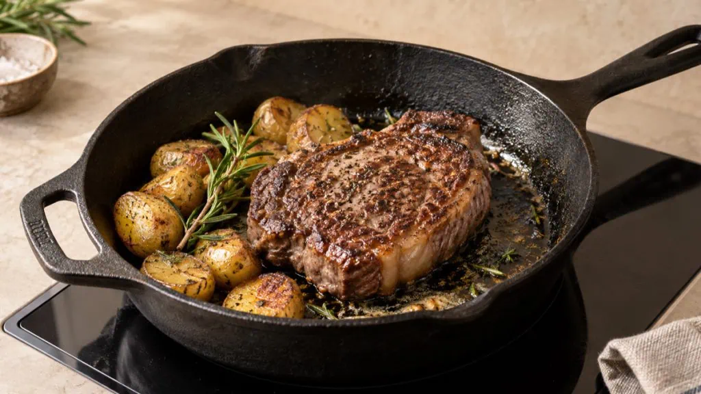 Steak et pommes de terre saisis dans une poêle en fonte culottée