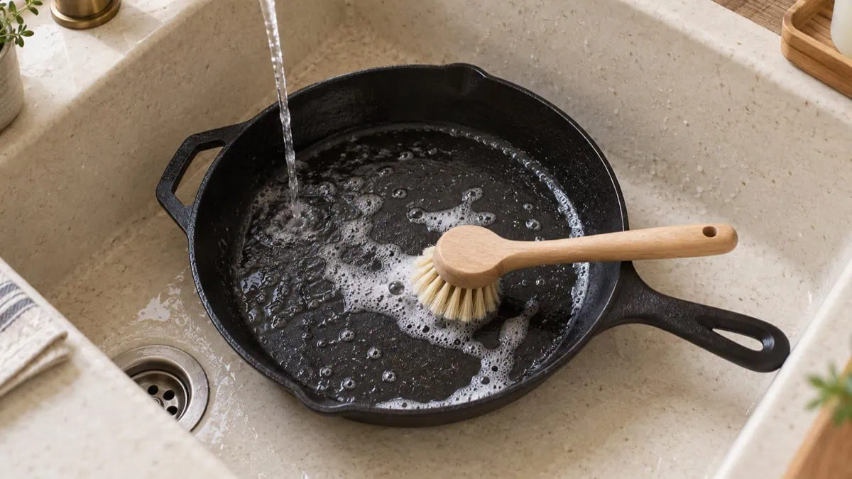Poêle en fonte nettoyée à l’eau chaude avec une brosse douce