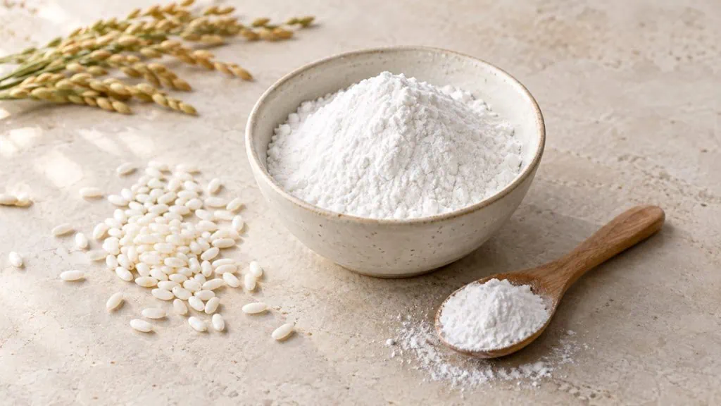 Farine de riz gluant avec grains de riz blancs