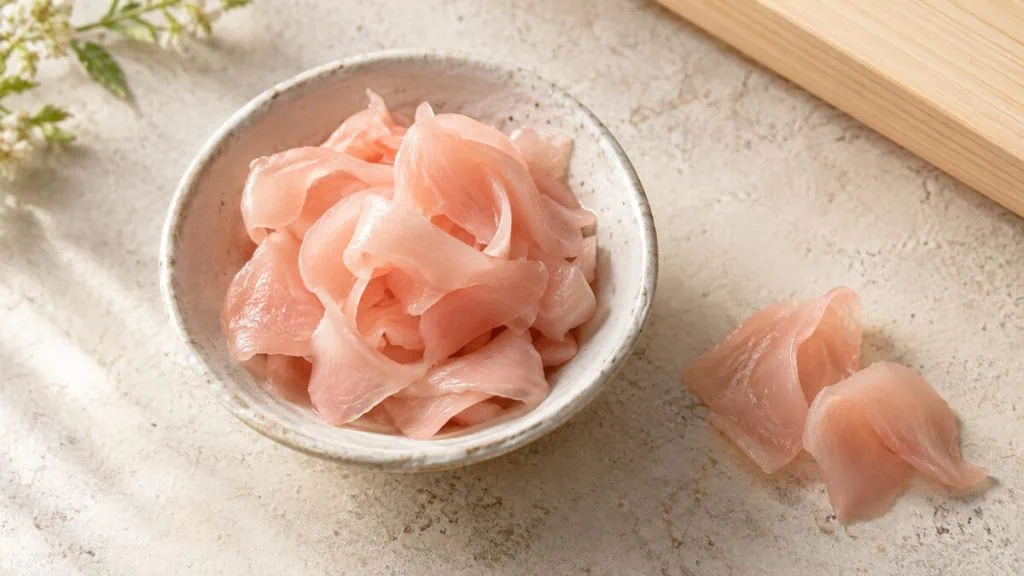 Fines tranches de gingembre mariné japonais dans une coupelle