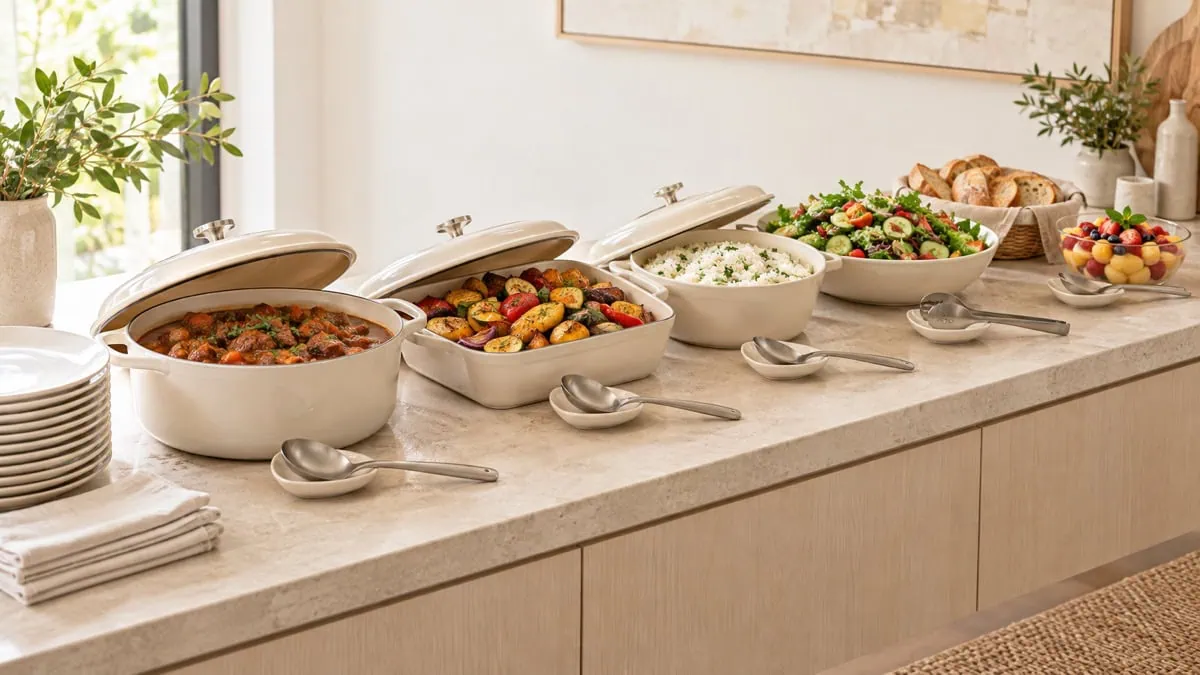 Buffet organisé avec plat mijoté, légumes, riz, salade, pain et dessert aux fruits