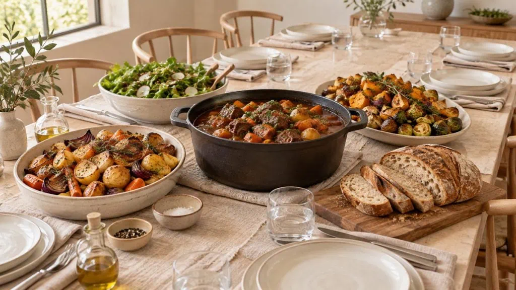 Grande table dressée avec plat mijoté, légumes rôtis, salade et pain