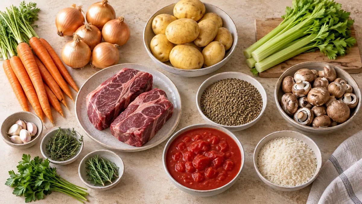 Carottes, oignons, pommes de terre, bœuf, lentilles, riz et champignons pour douze convives
