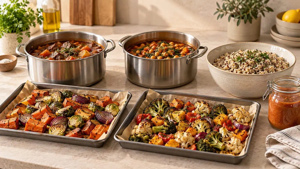 Deux casseroles, deux plaques de légumes, céréales et sauce préparées pour un grand groupe