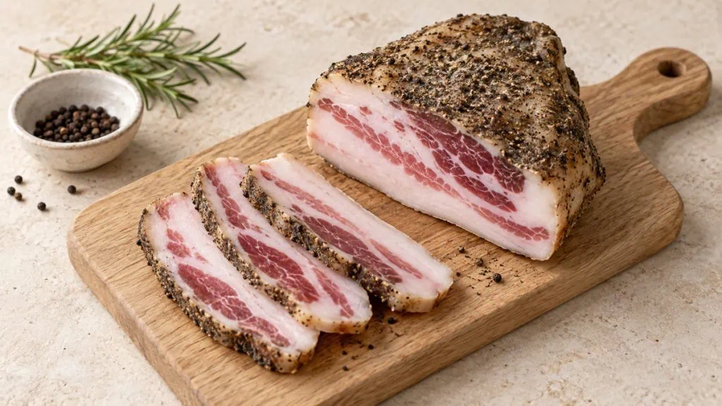 Guanciale italien entier et tranché sur une planche en bois