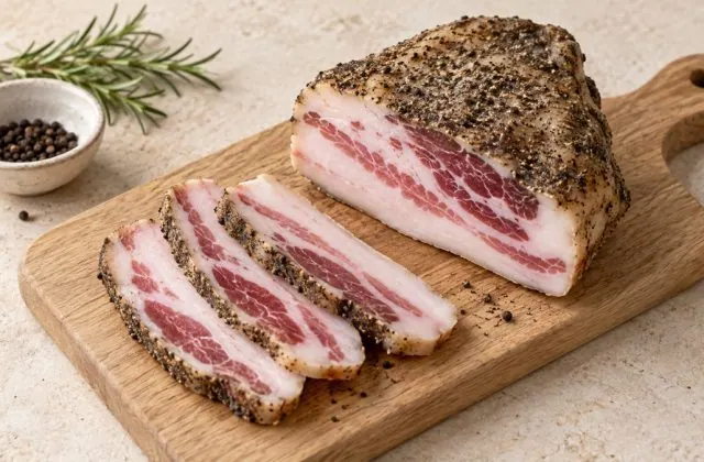 Guanciale italien entier et tranché sur une planche en bois