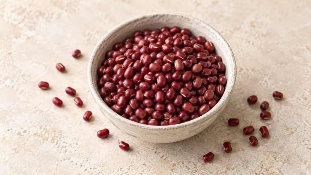 Haricots azuki secs rouges dans un bol en grès