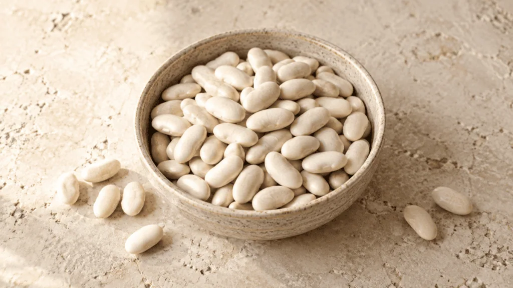 Haricots lingots blancs secs dans un bol en grès
