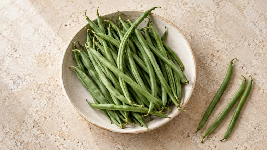 Haricots verts frais et fins dans une assiette en grès