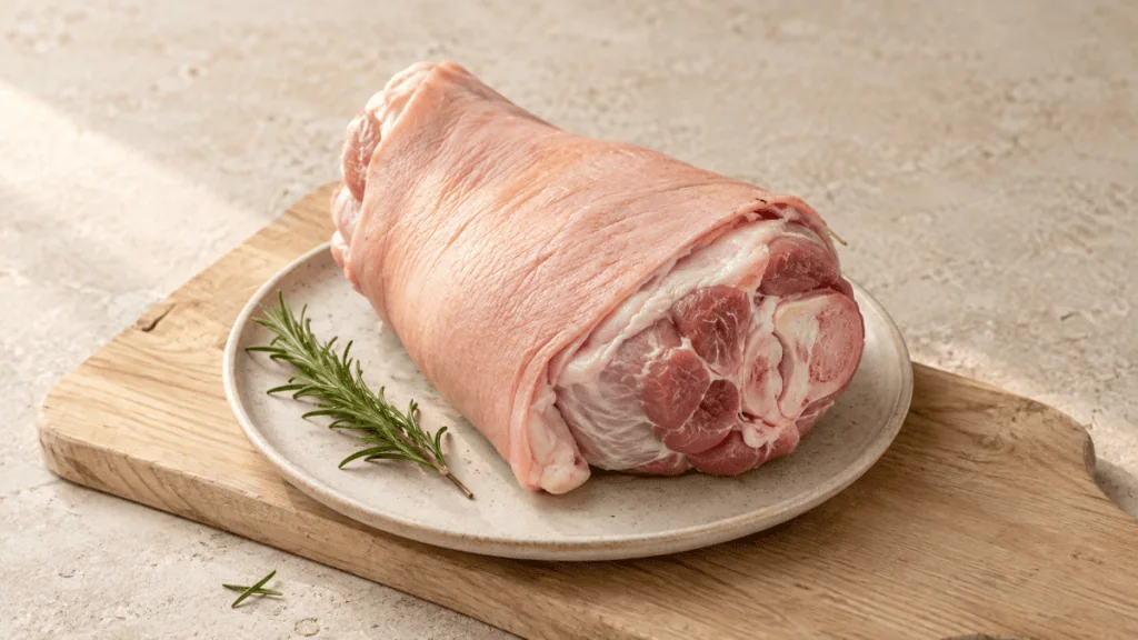 Jarret de porc cru avec os et couenne sur une assiette artisanale