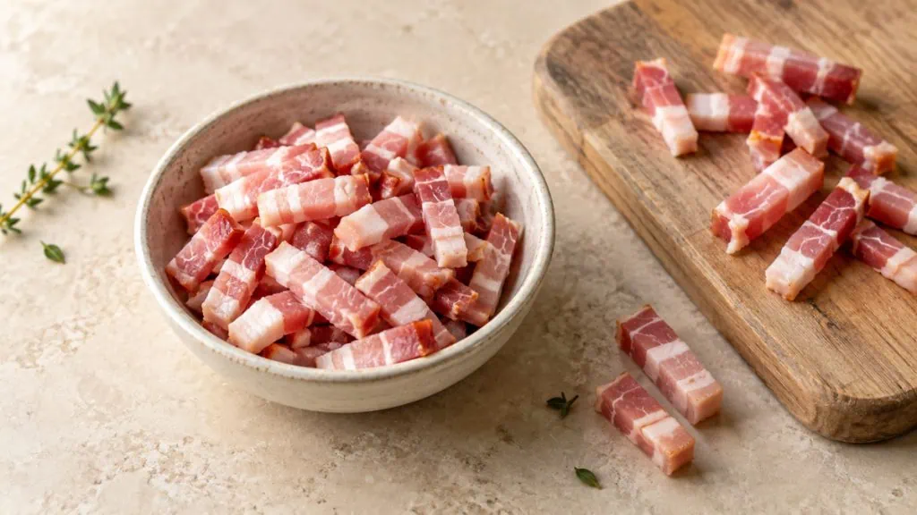 Lardons crus fumés dans un bol en grès