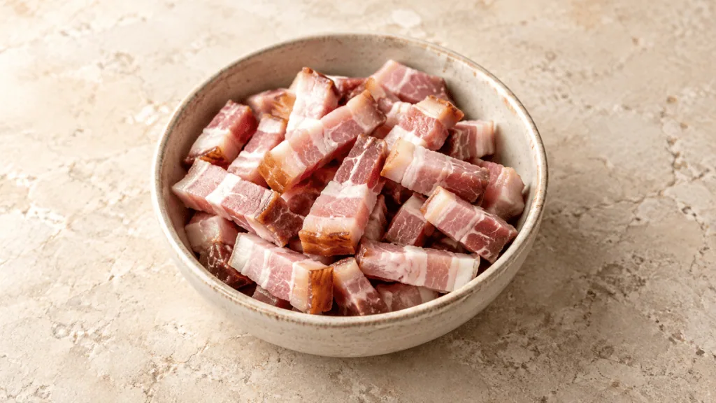 Lardons fumés crus dans un bol en grès