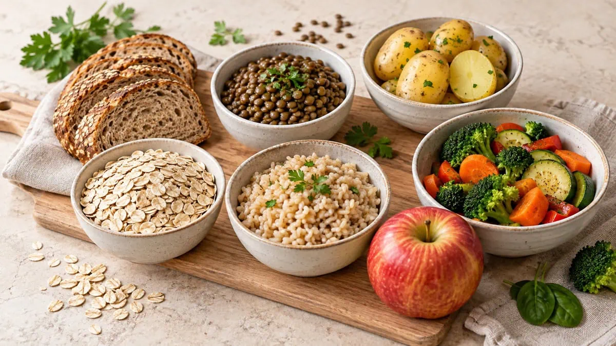 Avoine, pain complet, riz complet, pommes de terre, lentilles, pomme et légumes