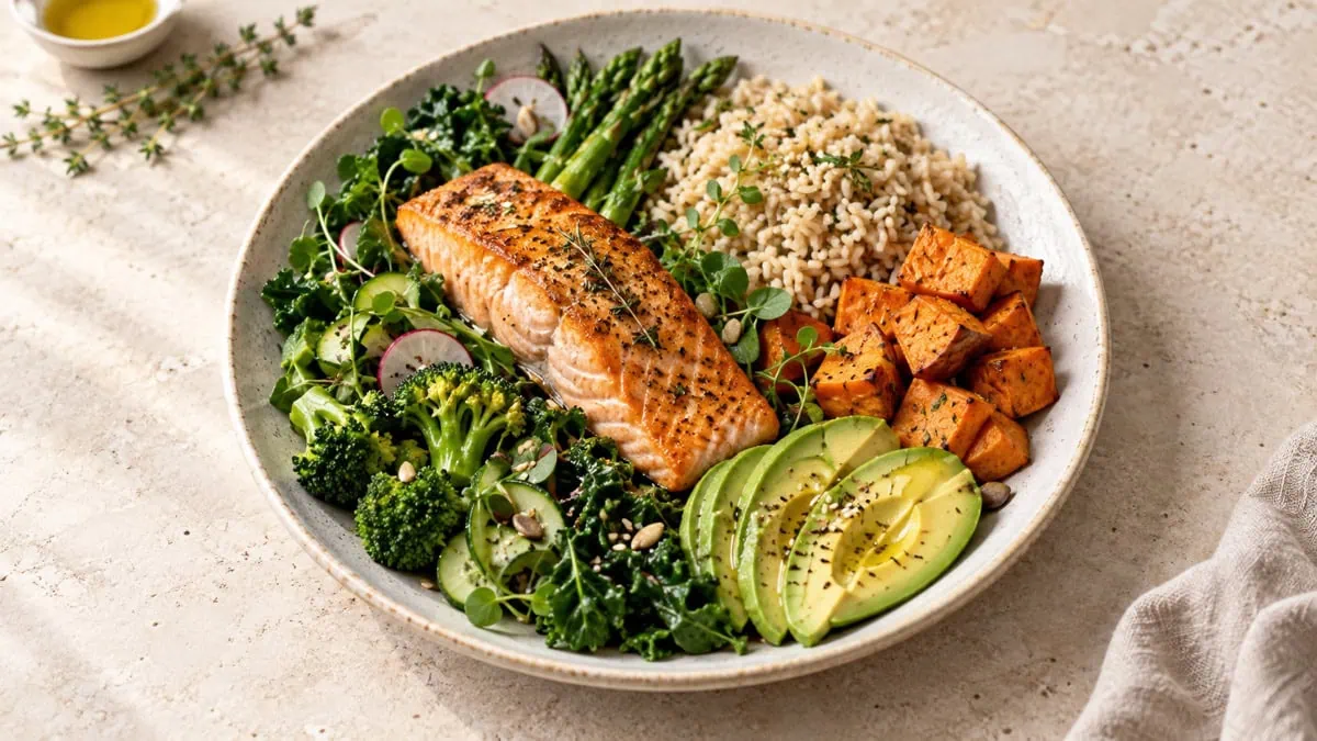 Assiette équilibrée avec saumon, riz complet, patate douce, avocat et légumes