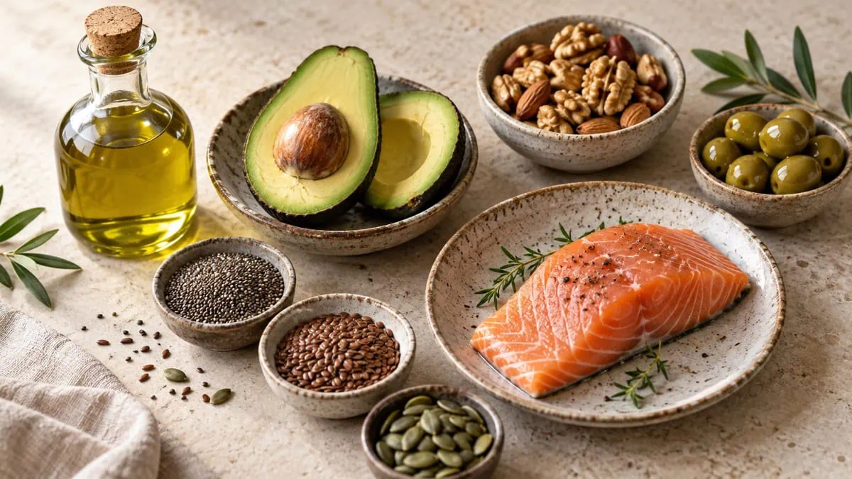 Huile d'olive, avocat, noix, graines, olives et saumon, sources de lipides