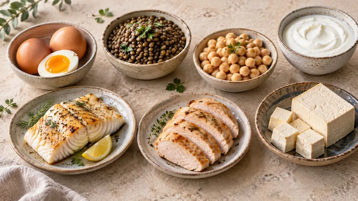 Œufs, lentilles, pois chiches, poisson, poulet, tofu et yaourt, sources de protéines