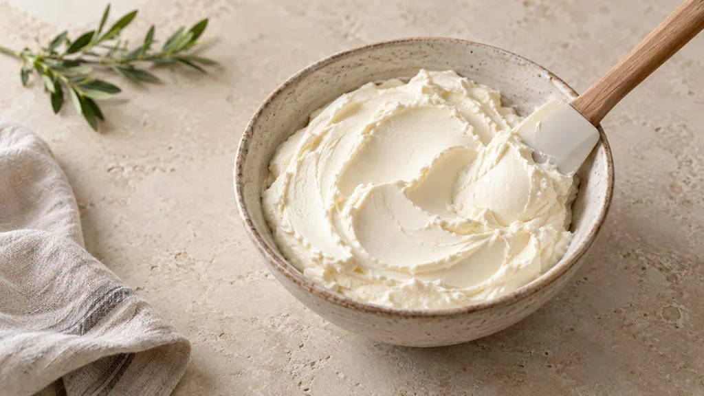 Mascarpone frais et onctueux dans un bol en grès