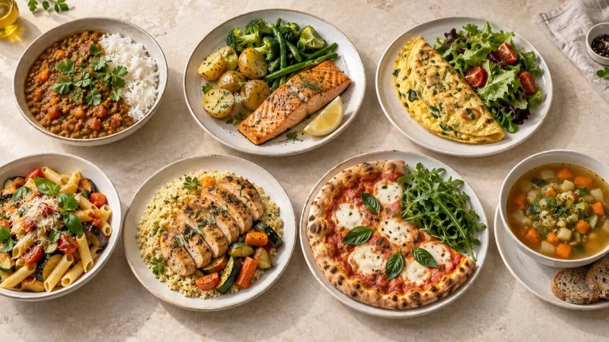Sept assiettes variées composant un menu équilibré pour la semaine