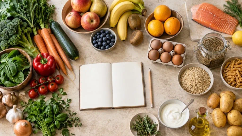 Ingrédients variés disposés autour d’un carnet vierge pour planifier les repas