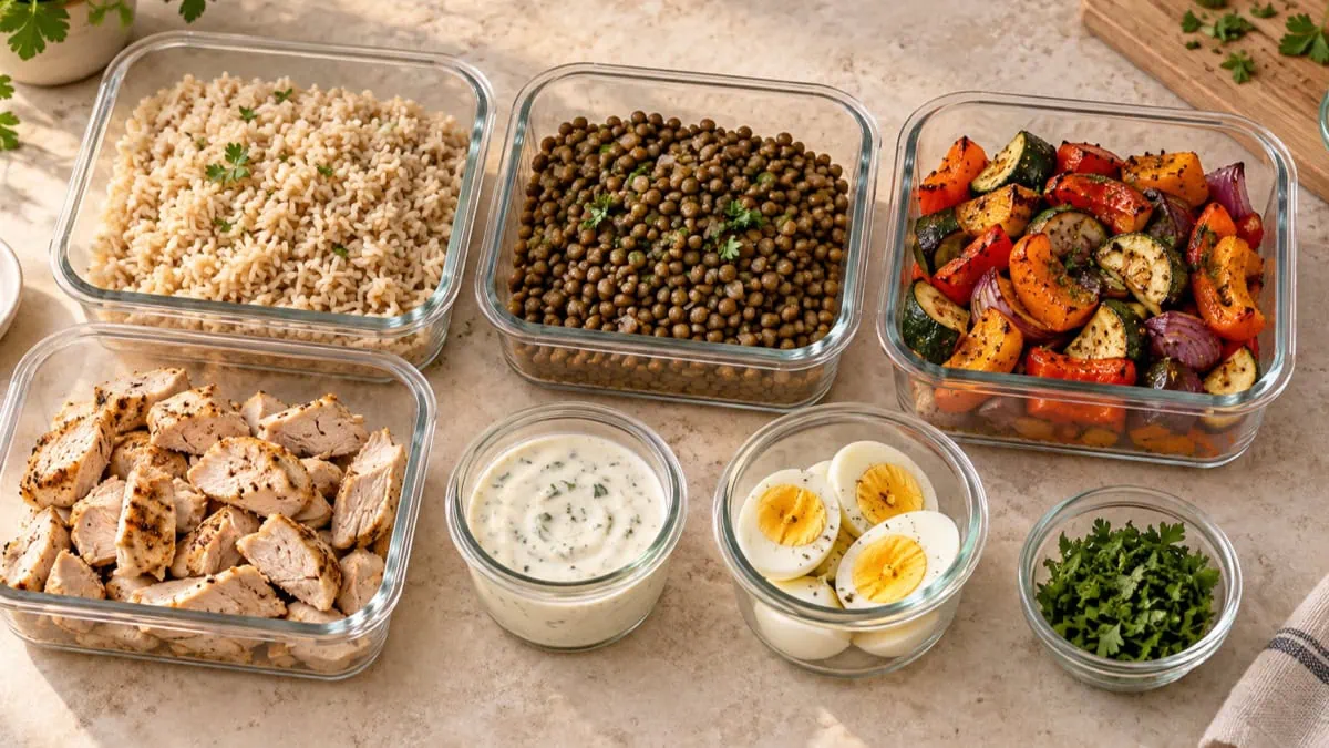 Riz, lentilles, légumes rôtis, poulet et œufs préparés dans des boîtes en verre