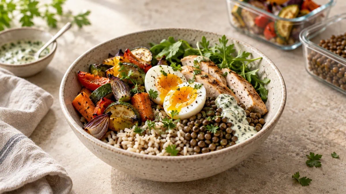 Bol composé de riz, lentilles, légumes, poulet et œuf préparé avec des restes