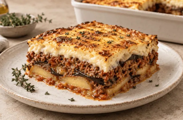Part de moussaka grecque traditionnelle aux aubergines et béchamel