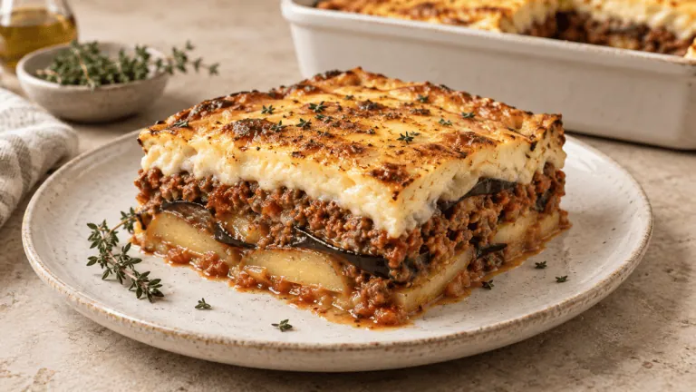 Part de moussaka grecque traditionnelle aux aubergines et béchamel